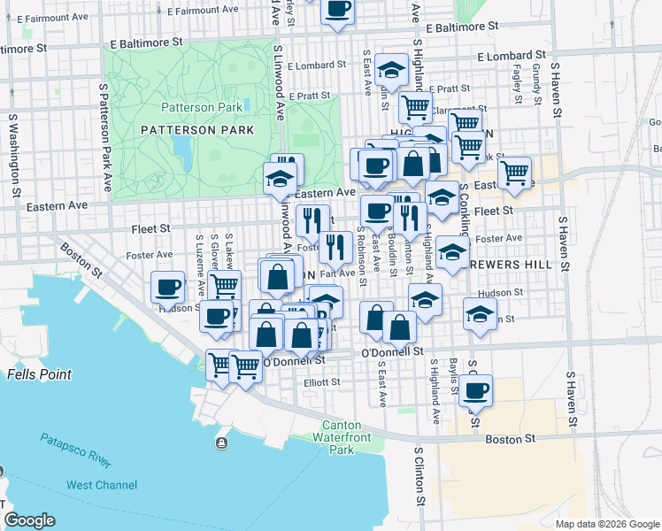 map of restaurants, bars, coffee shops, grocery stores, and more near 736 South Decker Avenue in Baltimore