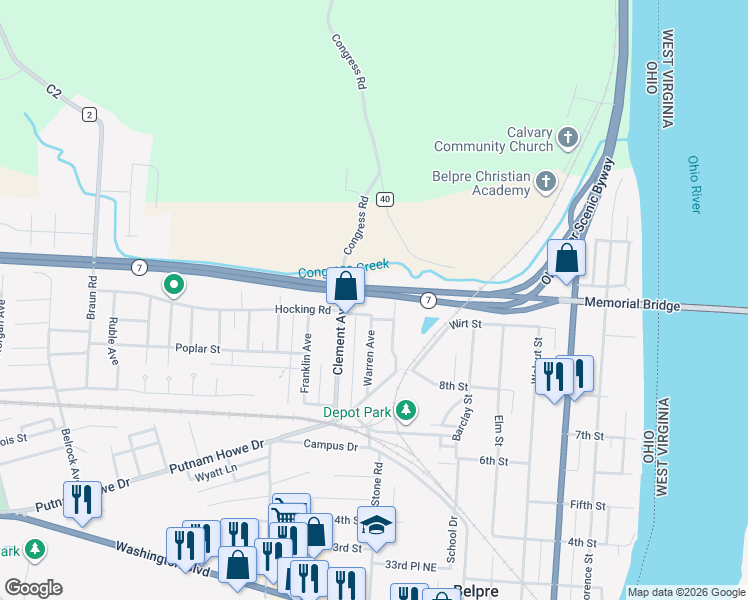 map of restaurants, bars, coffee shops, grocery stores, and more near 902 Warren Avenue in Belpre