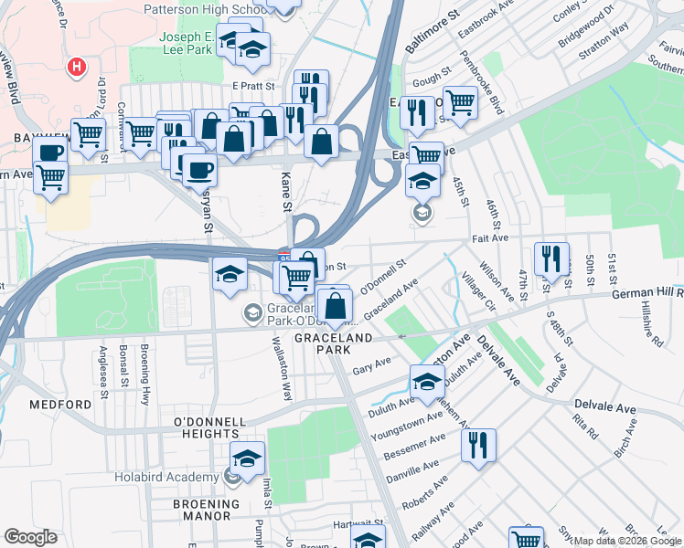 map of restaurants, bars, coffee shops, grocery stores, and more near 6620 Bushey Street in Baltimore