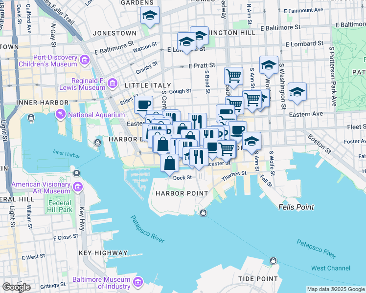 map of restaurants, bars, coffee shops, grocery stores, and more near 1400 Aliceanna Street in Baltimore