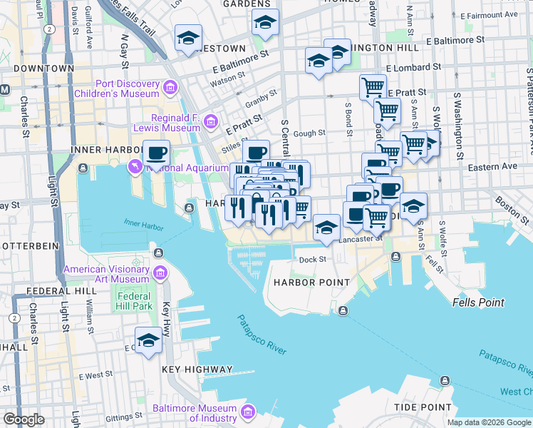 map of restaurants, bars, coffee shops, grocery stores, and more near 650 South Exeter Street in Baltimore