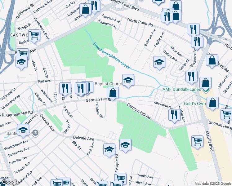 map of restaurants, bars, coffee shops, grocery stores, and more near 711 Beverly Road in Dundalk
