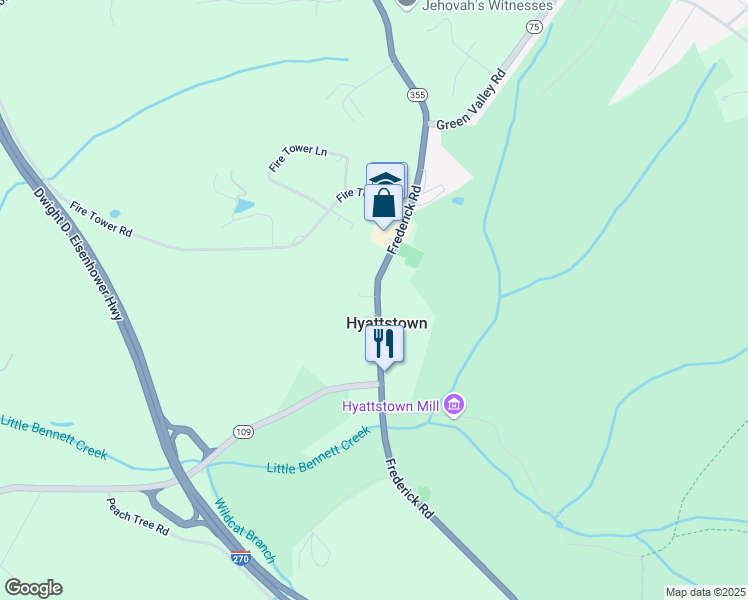 map of restaurants, bars, coffee shops, grocery stores, and more near 26020 Frederick Road in Clarksburg