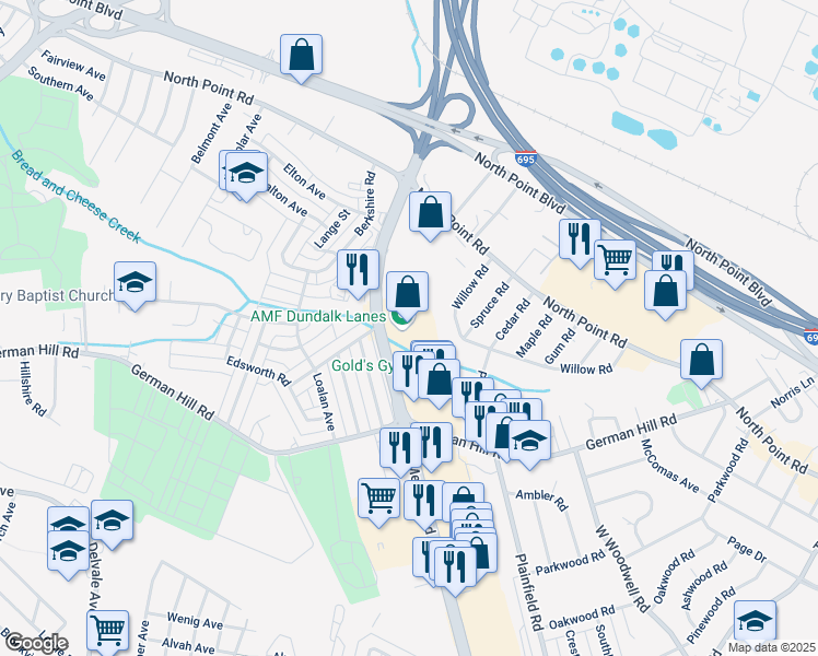 map of restaurants, bars, coffee shops, grocery stores, and more near 1101 Merritt Boulevard in Dundalk