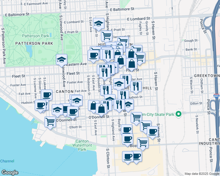 map of restaurants, bars, coffee shops, grocery stores, and more near 3322 Fait Avenue in Baltimore