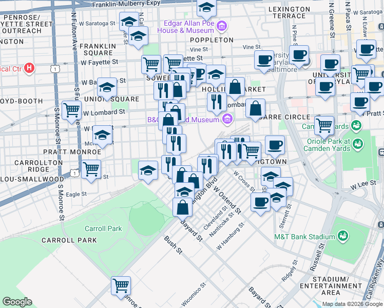 map of restaurants, bars, coffee shops, grocery stores, and more near 1209 West Pratt Street in Baltimore