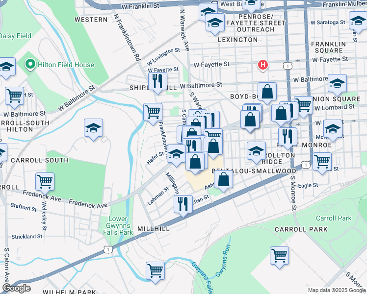 map of restaurants, bars, coffee shops, grocery stores, and more near 308 South Catherine Street in Baltimore