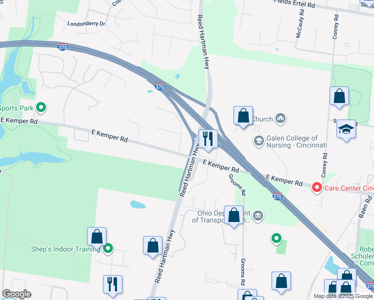 map of restaurants, bars, coffee shops, grocery stores, and more near 6010 East Kemper Road in Cincinnati