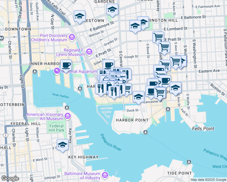 map of restaurants, bars, coffee shops, grocery stores, and more near 650 South Exeter Street in Baltimore