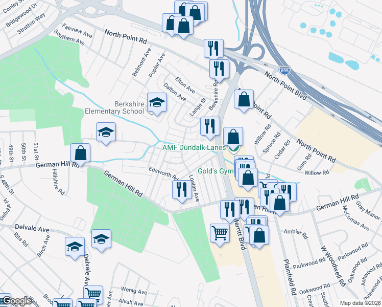 map of restaurants, bars, coffee shops, grocery stores, and more near 7520 Durwood Road in Dundalk