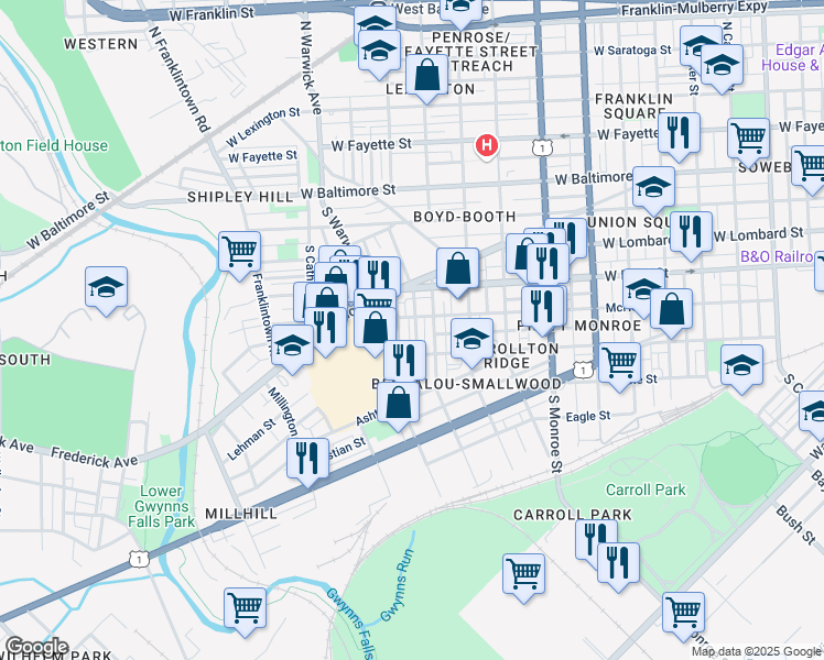 map of restaurants, bars, coffee shops, grocery stores, and more near 304 Furrow Street in Baltimore