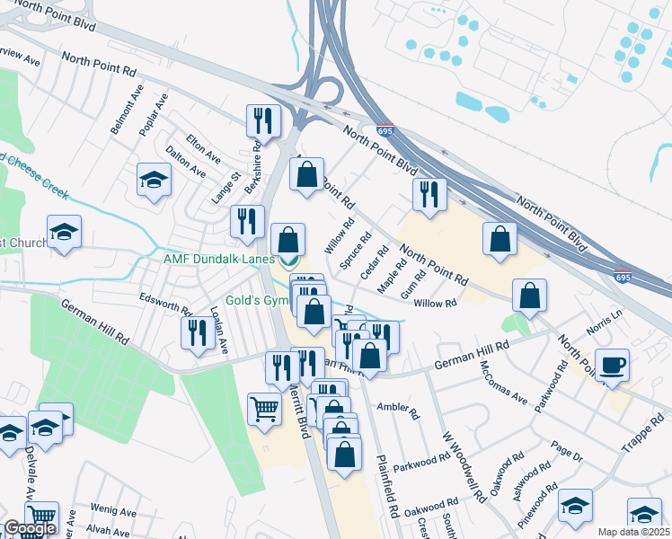 map of restaurants, bars, coffee shops, grocery stores, and more near 1230 Willow Road in Dundalk