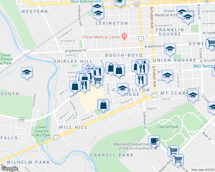 map of restaurants, bars, coffee shops, grocery stores, and more near 304 Furrow Street in Baltimore