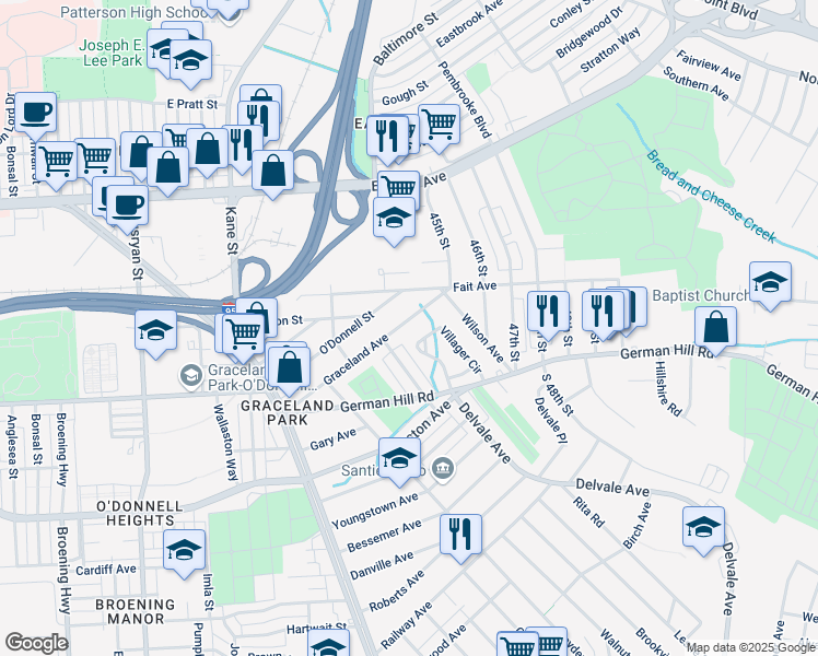 map of restaurants, bars, coffee shops, grocery stores, and more near 6747 Graceland Avenue in Baltimore