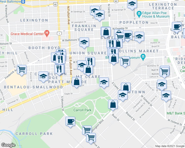 map of restaurants, bars, coffee shops, grocery stores, and more near 333 South Parrish Street in Baltimore