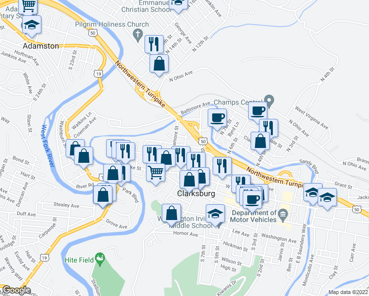 map of restaurants, bars, coffee shops, grocery stores, and more near 653 Mulberry Avenue in Clarksburg