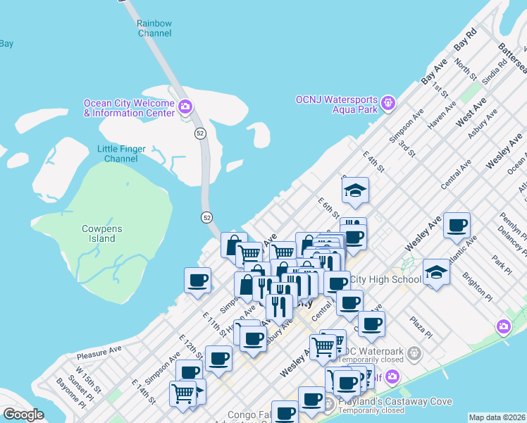 map of restaurants, bars, coffee shops, grocery stores, and more near 710 Pleasure Avenue in Ocean City