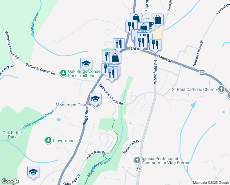 map of restaurants, bars, coffee shops, grocery stores, and more near 25905 Ridge Manor Drive in Damascus