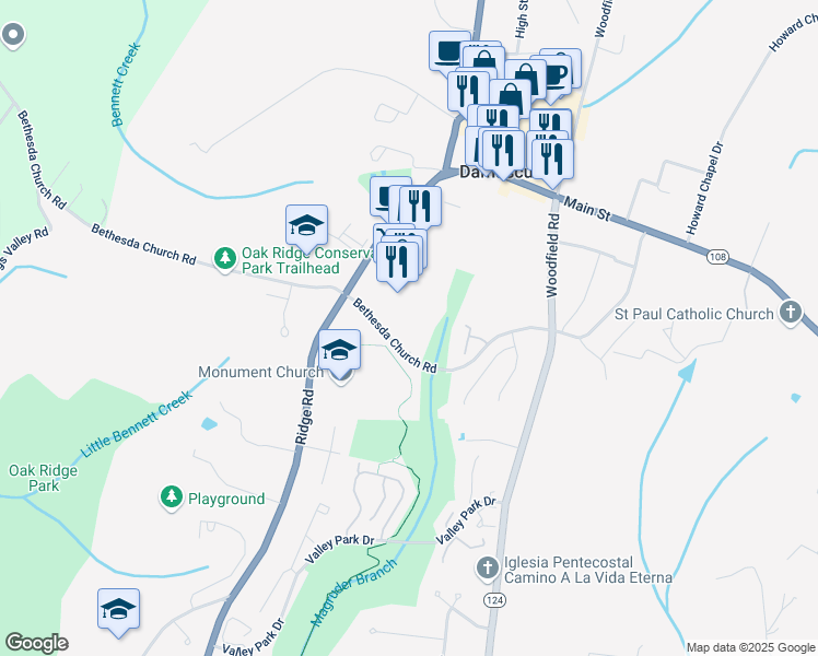 map of restaurants, bars, coffee shops, grocery stores, and more near 25909 Ridge Manor Drive in Damascus