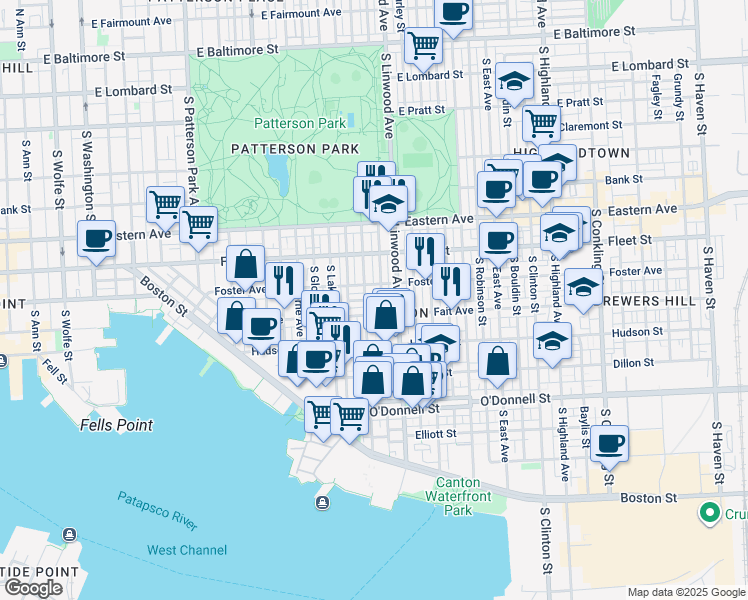 map of restaurants, bars, coffee shops, grocery stores, and more near 2801 Foster Avenue in Baltimore