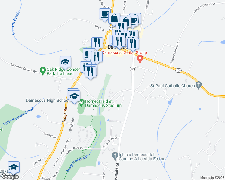 map of restaurants, bars, coffee shops, grocery stores, and more near 26011 Brigadier Place in Damascus