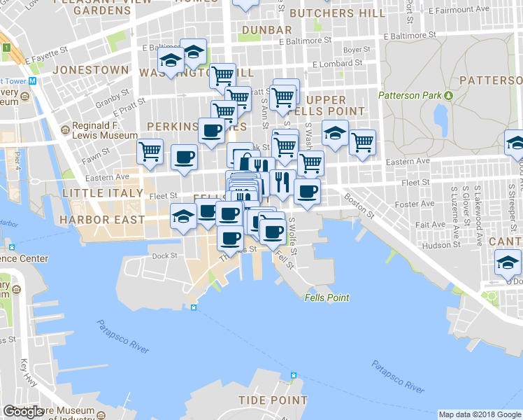 map of restaurants, bars, coffee shops, grocery stores, and more near 1725 Aliceanna Street in Baltimore