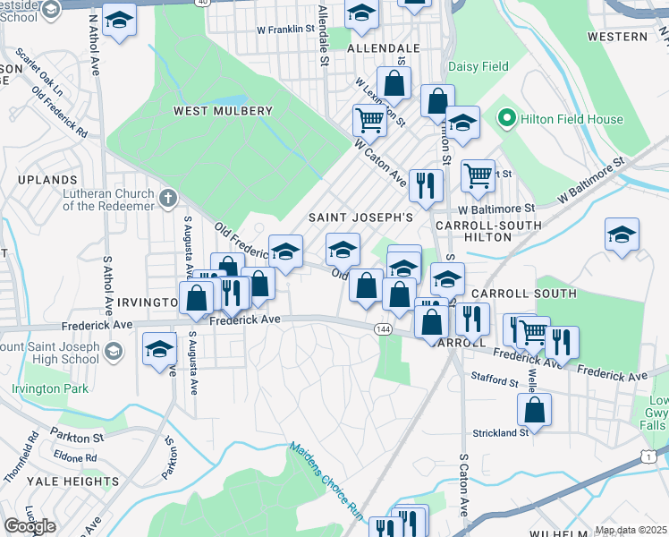 map of restaurants, bars, coffee shops, grocery stores, and more near 3710 Old Frederick Road in Baltimore