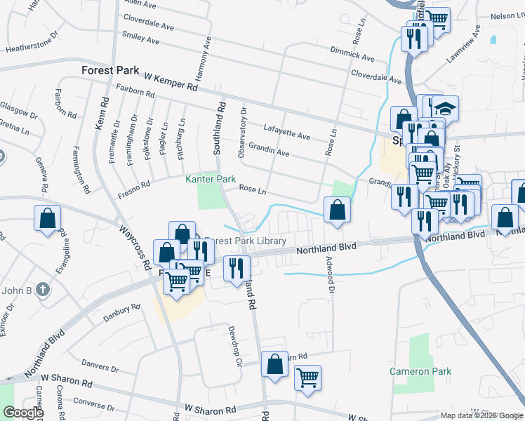 map of restaurants, bars, coffee shops, grocery stores, and more near 11310 Southland Road in Cincinnati