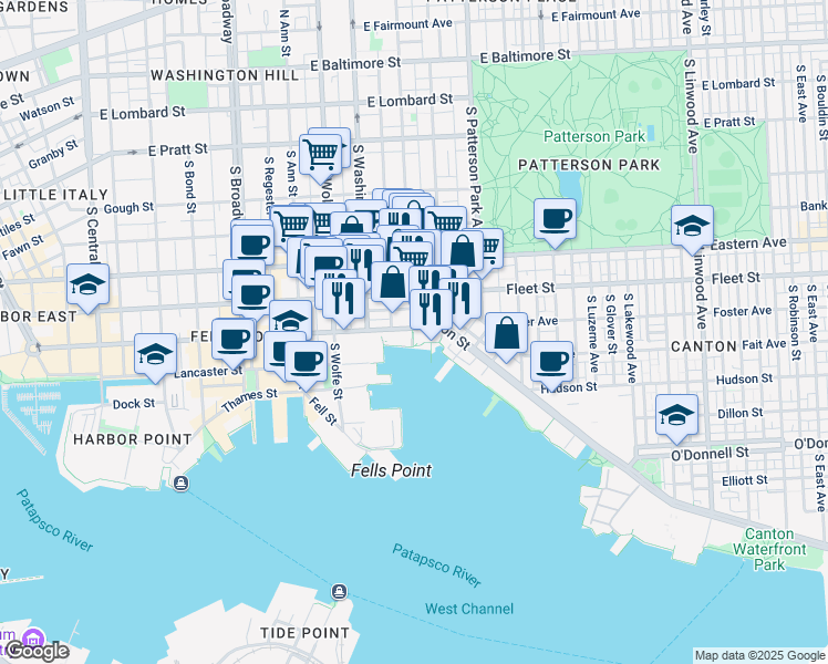 map of restaurants, bars, coffee shops, grocery stores, and more near 2101 Aliceanna Street in Baltimore