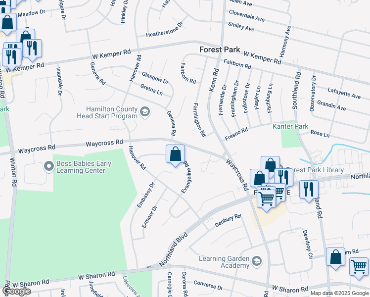 map of restaurants, bars, coffee shops, grocery stores, and more near 879 Waycross Road in Cincinnati