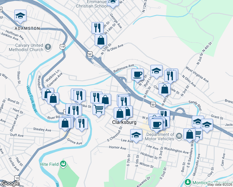 map of restaurants, bars, coffee shops, grocery stores, and more near 217 Sycamore Street in Clarksburg