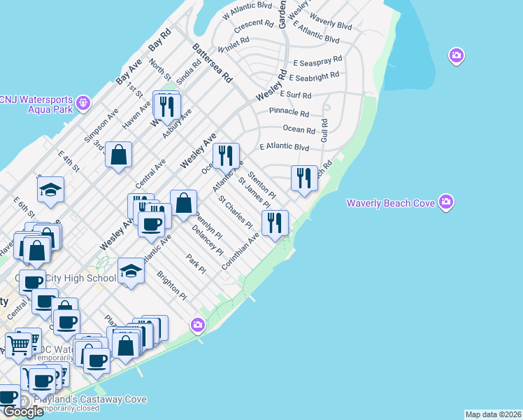 map of restaurants, bars, coffee shops, grocery stores, and more near 34 Corinthian Avenue in Ocean City