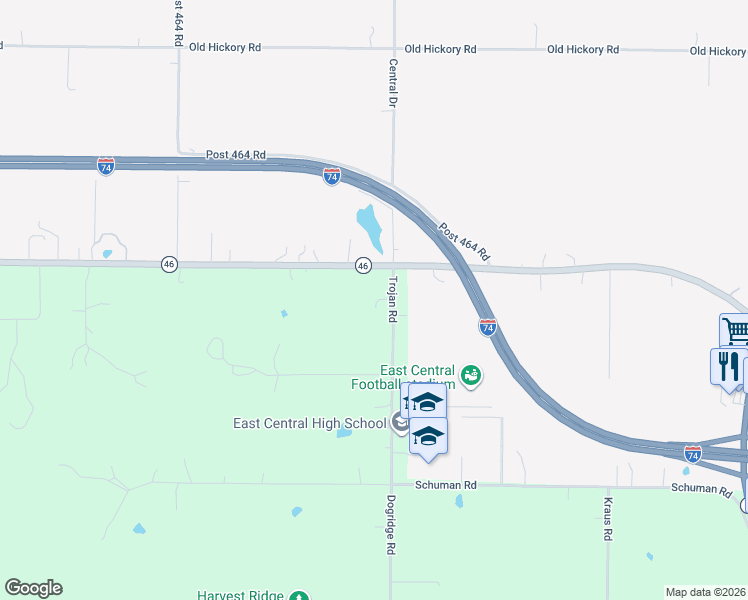 map of restaurants, bars, coffee shops, grocery stores, and more near 28129 Trojan Road in Brookville