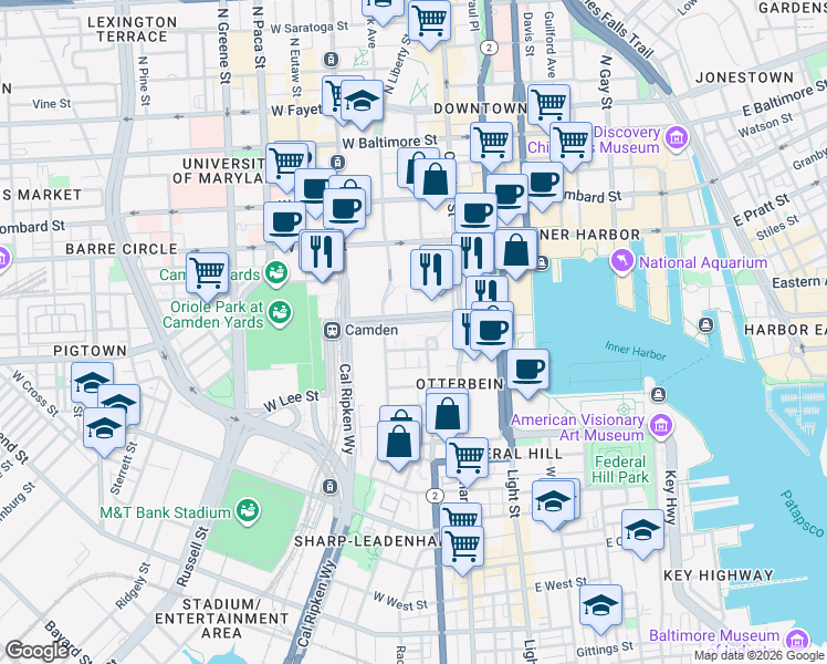 map of restaurants, bars, coffee shops, grocery stores, and more near 103 West Conway Street in Baltimore