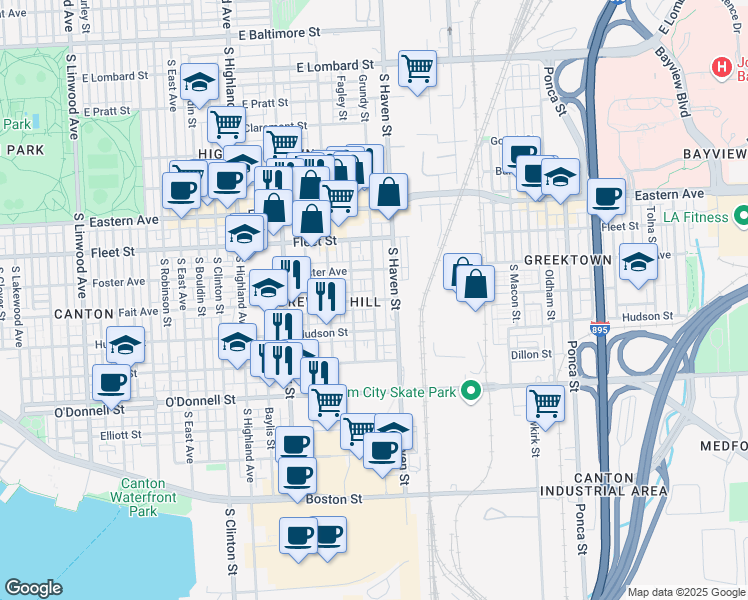 map of restaurants, bars, coffee shops, grocery stores, and more near Fait Avenue & South Grundy Street in Baltimore