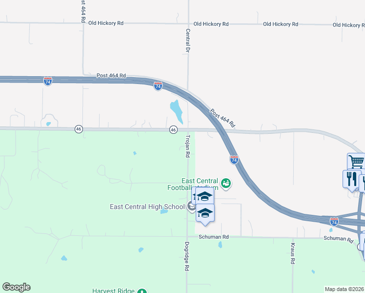map of restaurants, bars, coffee shops, grocery stores, and more near 28129 Trojan Road in Brookville
