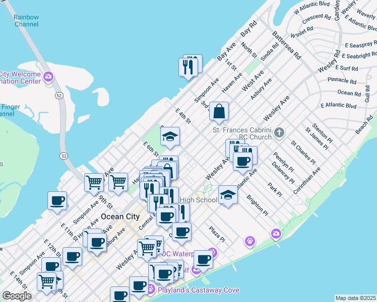 map of restaurants, bars, coffee shops, grocery stores, and more near 461 West Avenue in Ocean City