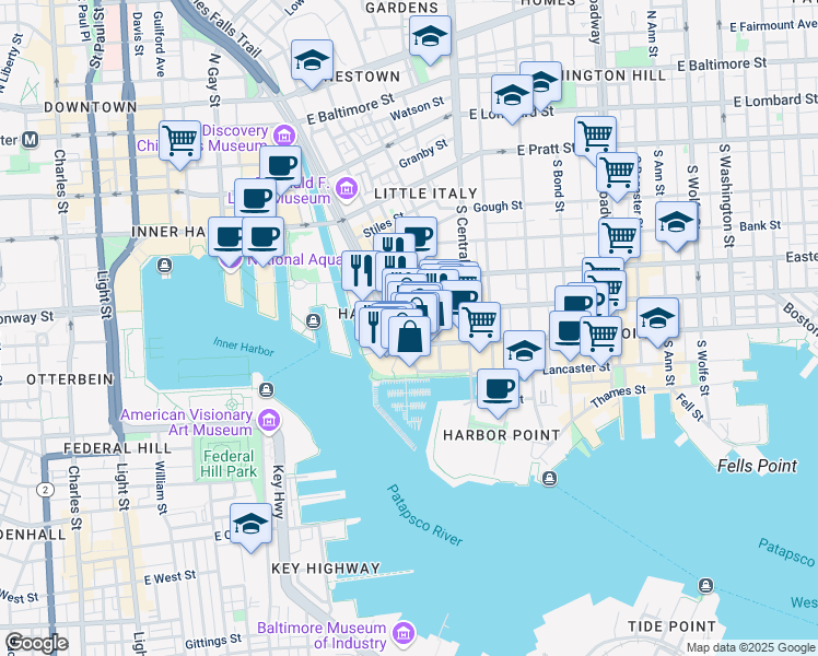 map of restaurants, bars, coffee shops, grocery stores, and more near 655 President Street in Baltimore