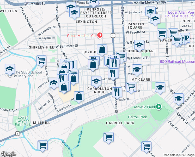 map of restaurants, bars, coffee shops, grocery stores, and more near 307 South Pulaski Street in Baltimore