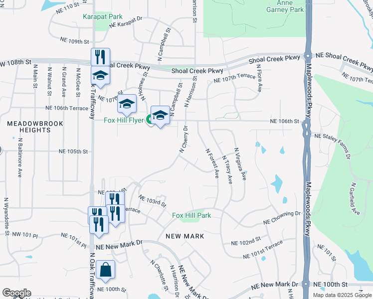 map of restaurants, bars, coffee shops, grocery stores, and more near 800 Northeast 104th Terrace in Kansas City
