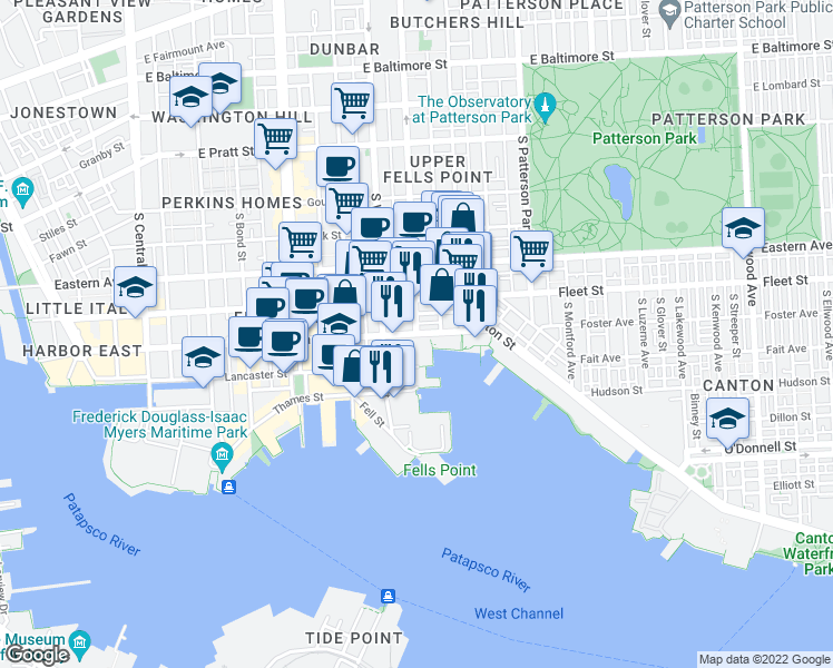 map of restaurants, bars, coffee shops, grocery stores, and more near Aliceanna St & S Washington St in Baltimore