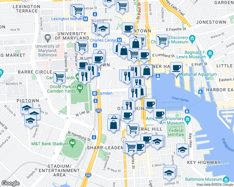 map of restaurants, bars, coffee shops, grocery stores, and more near 109 West Conway Street in Baltimore