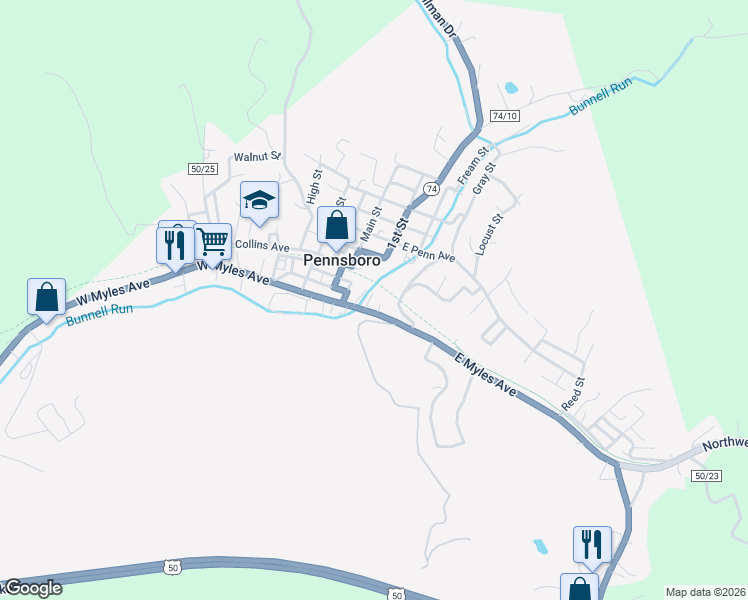 map of restaurants, bars, coffee shops, grocery stores, and more near 73 E Myles Ave in Pennsboro