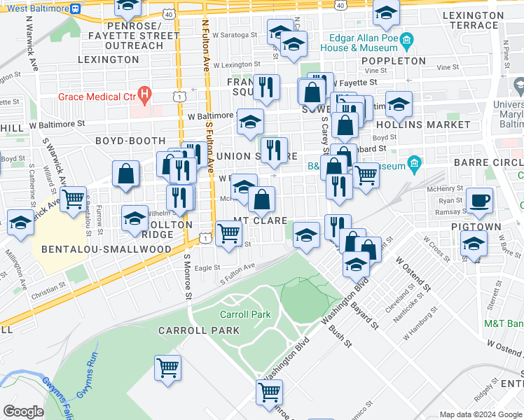 map of restaurants, bars, coffee shops, grocery stores, and more near 329 South Gilmor Street in Baltimore