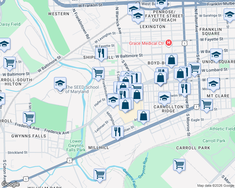 map of restaurants, bars, coffee shops, grocery stores, and more near 300 South Catherine Street in Baltimore