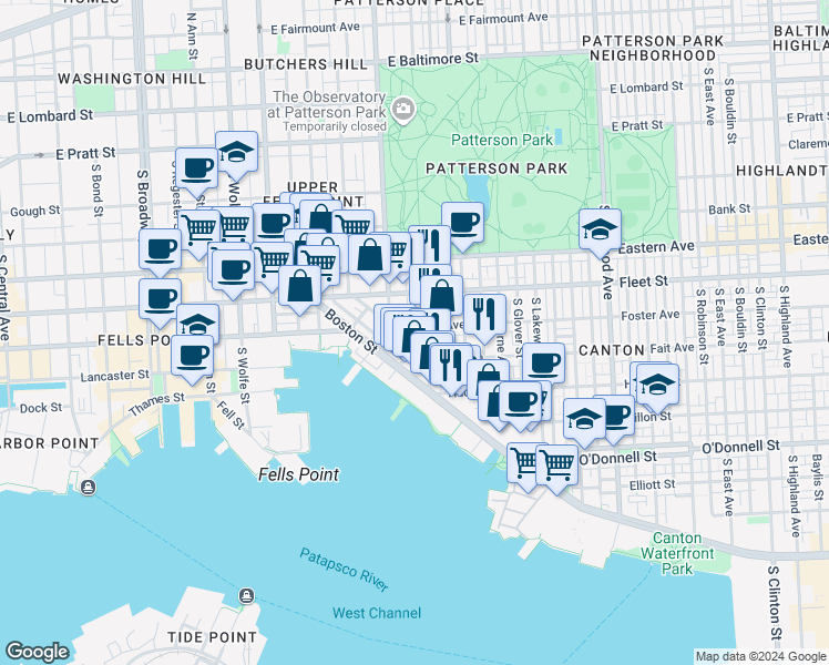 map of restaurants, bars, coffee shops, grocery stores, and more near 2309 Foster Avenue in Baltimore