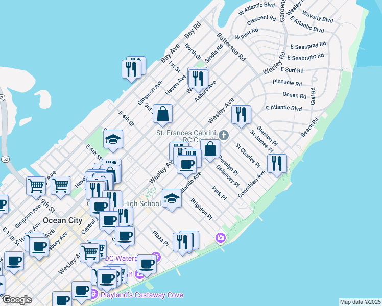 map of restaurants, bars, coffee shops, grocery stores, and more near 317 Wesley Avenue in Ocean City