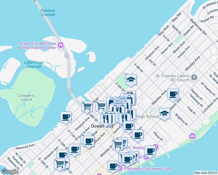 map of restaurants, bars, coffee shops, grocery stores, and more near 622 Simpson Avenue in Ocean City