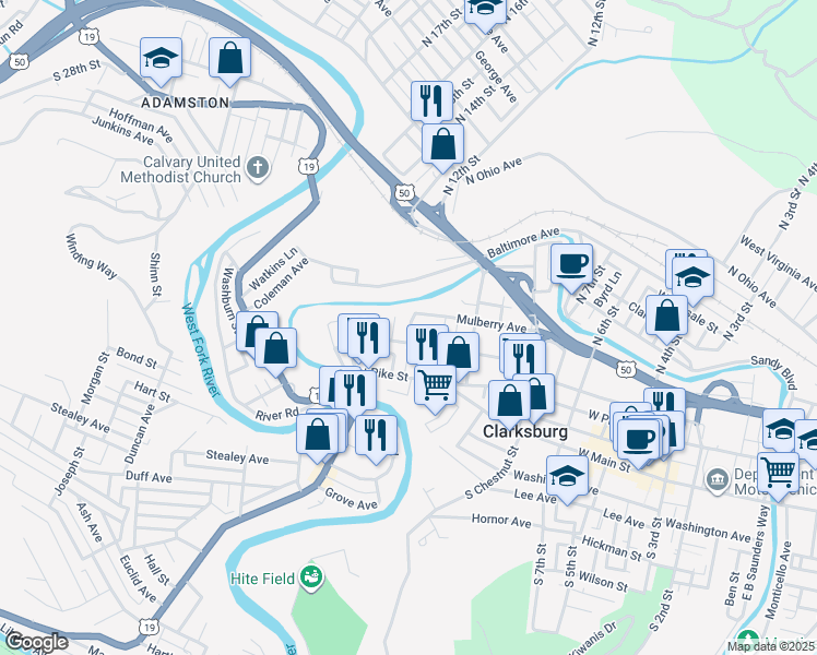 map of restaurants, bars, coffee shops, grocery stores, and more near 735-763 Mulberry Avenue in Clarksburg