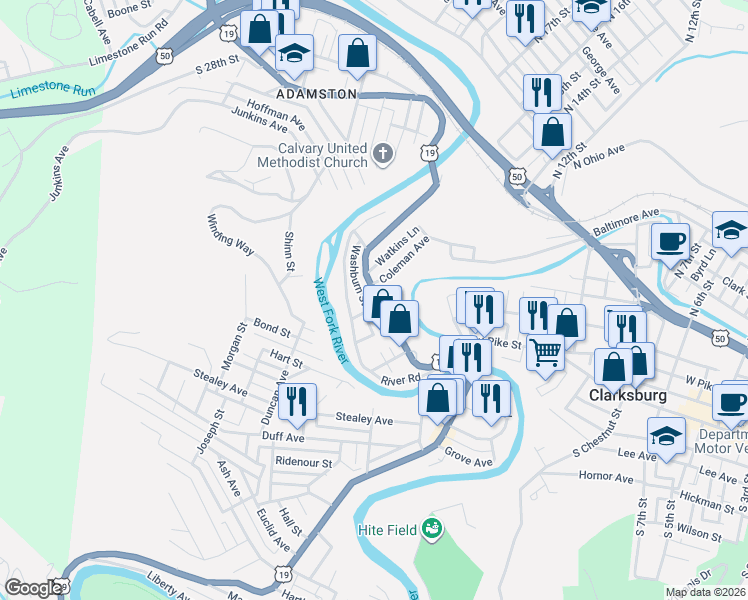 map of restaurants, bars, coffee shops, grocery stores, and more near 945 West Pike Street in Clarksburg